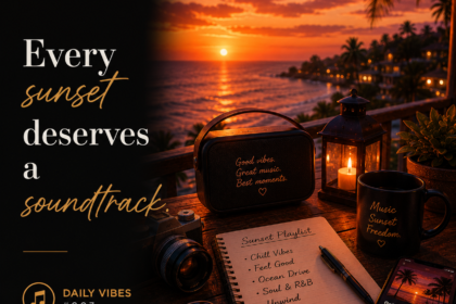 A golden sunset over the ocean with a portable speaker and warm evening light featuring the quote "Every Sunset Deserves a Soundtrack." from Luke Ai Music Daily Vibes #007.