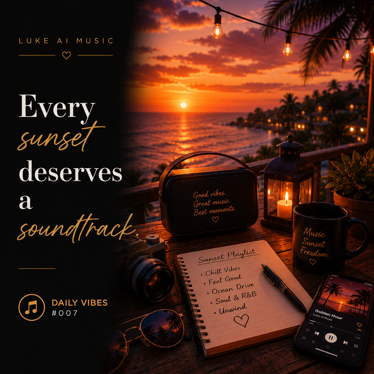 A golden sunset over the ocean with a portable speaker and warm evening light featuring the quote "Every Sunset Deserves a Soundtrack." from Luke Ai Music Daily Vibes #007.