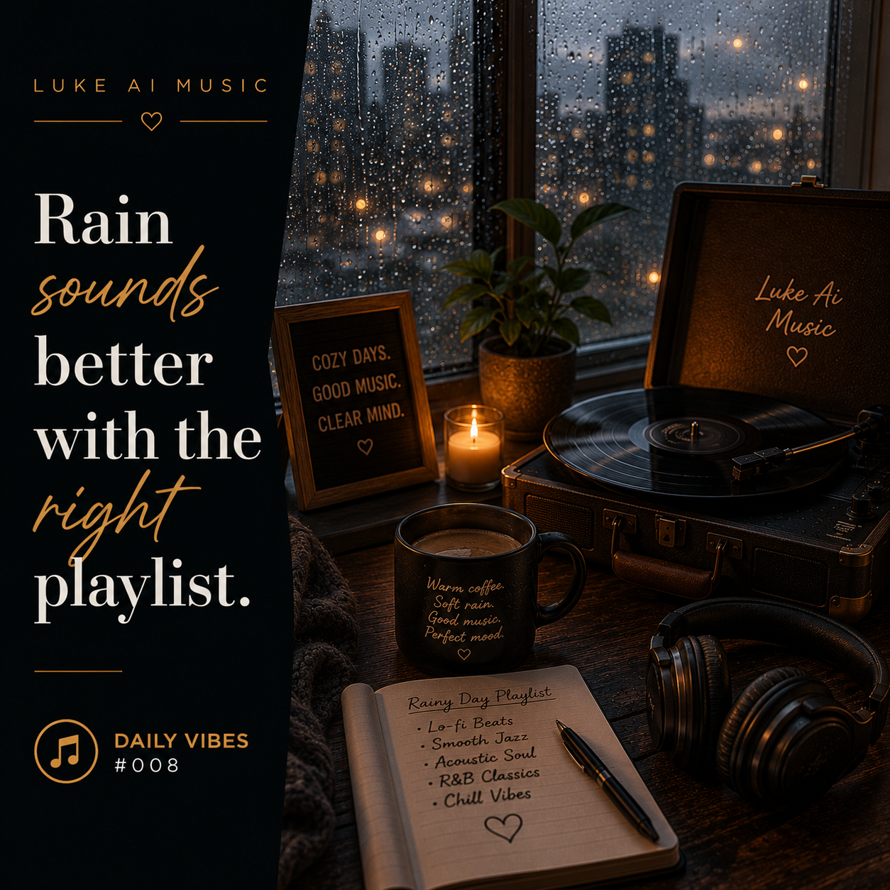 Rain has its own melody, but the right playlist can turn an ordinary rainy day into a peaceful escape. Daily Vibes #008 celebrates slowing down and enjoying life's quiet moments.