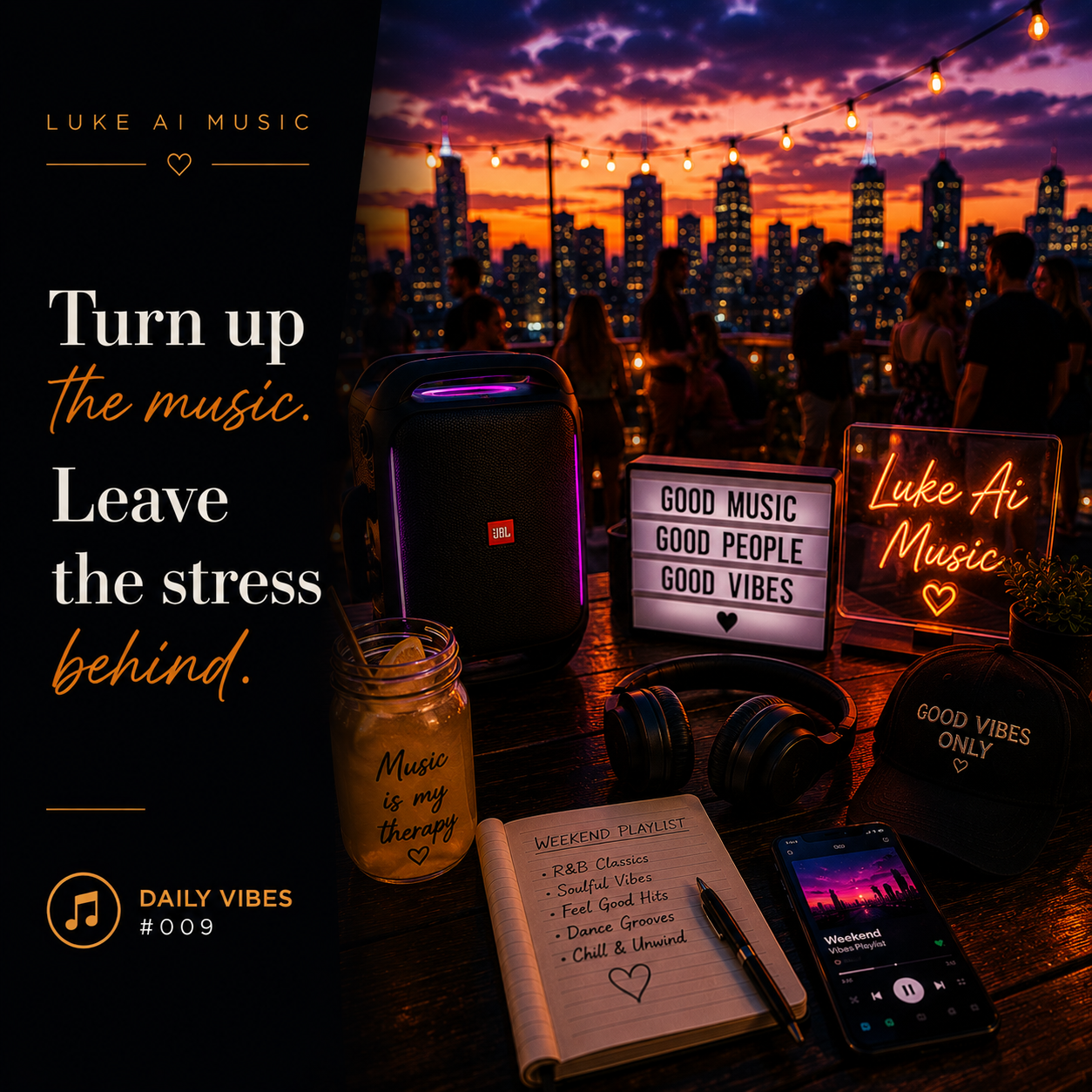 A rooftop gathering at sunset with city lights, a portable speaker, headphones, and a weekend playlist featuring the quote "Turn up the music. Leave the stress behind." from Luke Ai Music Daily Vibes #009.