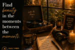 A cozy golden-hour room with a vinyl record player, headphones, coffee mug, gratitude journal, and the quote "Find Beauty in the Moments Between." from Luke Ai Music Daily Vibes #010.