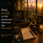 A cozy golden-hour room with a vinyl record player, headphones, coffee mug, gratitude journal, and the quote "Find Beauty in the Moments Between." from Luke Ai Music Daily Vibes #010.