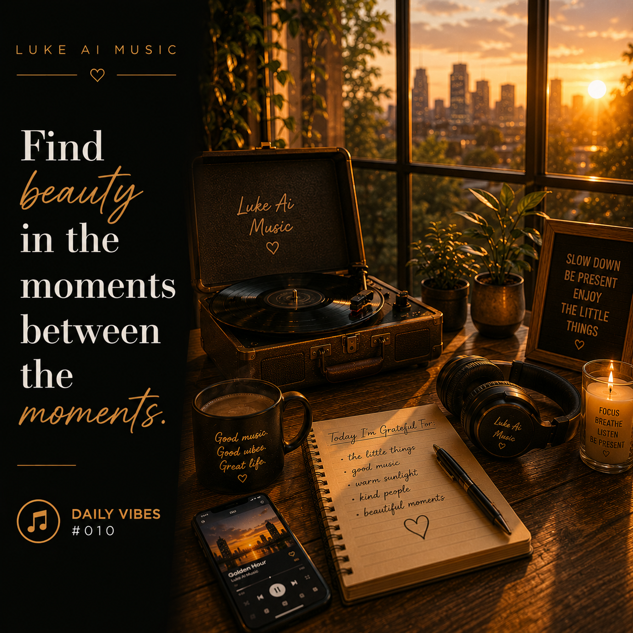 A cozy golden-hour room with a vinyl record player, headphones, coffee mug, gratitude journal, and the quote "Find Beauty in the Moments Between." from Luke Ai Music Daily Vibes #010.